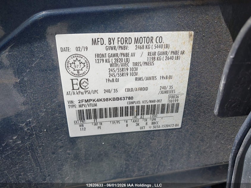 2019 Ford Edge Titanium VIN: 2FMPK4K98KBB63780 Lot: 12620633