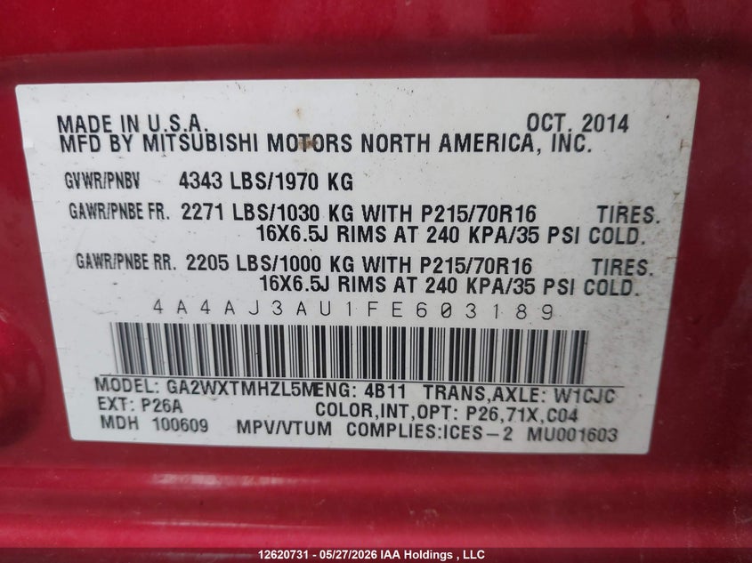2015 Mitsubishi Rvr Se VIN: 4A4AJ3AU1FE603189 Lot: 12620731