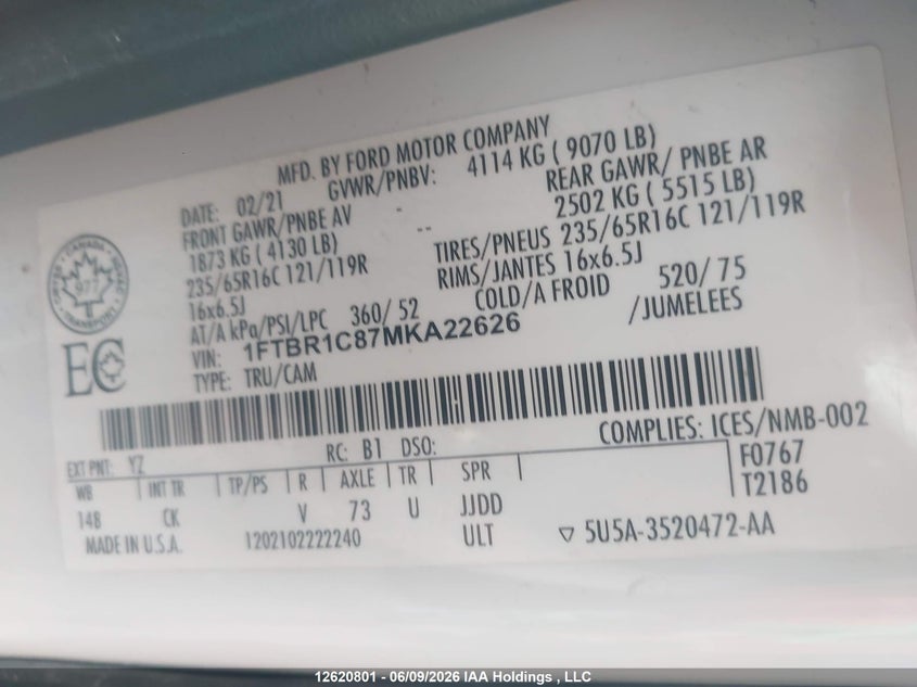 2021 FORD TRANSIT-250 CARGO VAN 3.5L V-6 DI, DOHC, VVT, 275HP