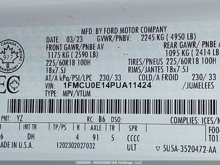 2023 Ford Escape VIN: 1FMCU0E14PUA11424 Lot: 12620838