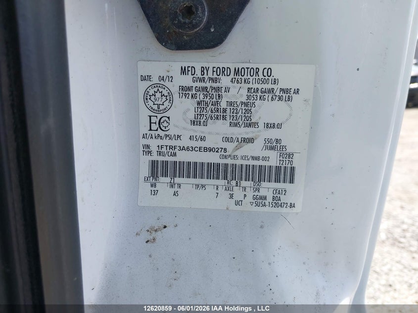 2012 Ford F350 Super Duty VIN: 1FTRF3A63CEB90278 Lot: 12620859