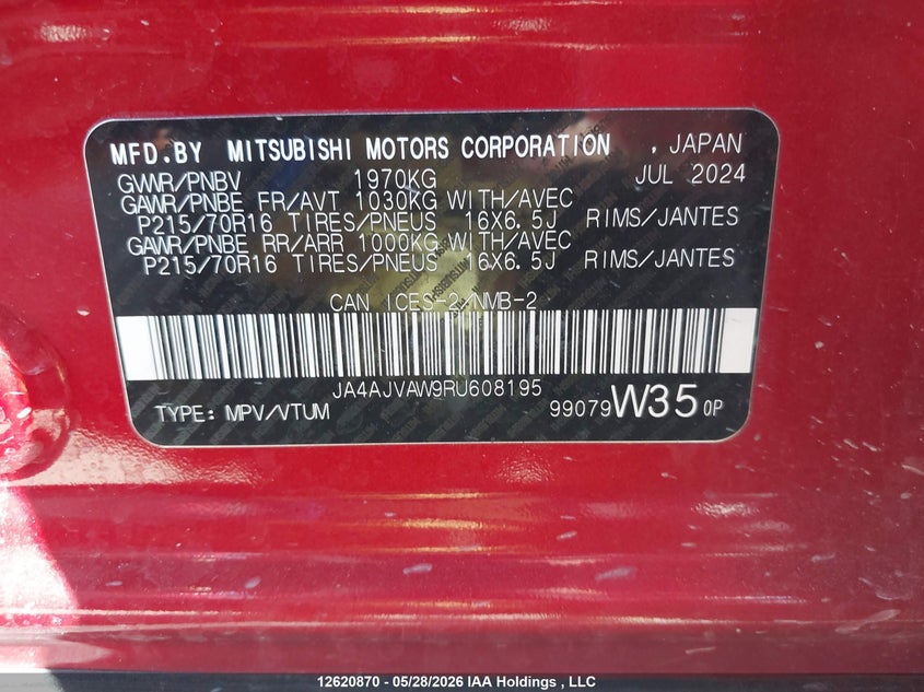 2024 Mitsubishi Rvr Se/Sel/Noir/Gt VIN: JA4AJVAW9RU608195 Lot: 12620870