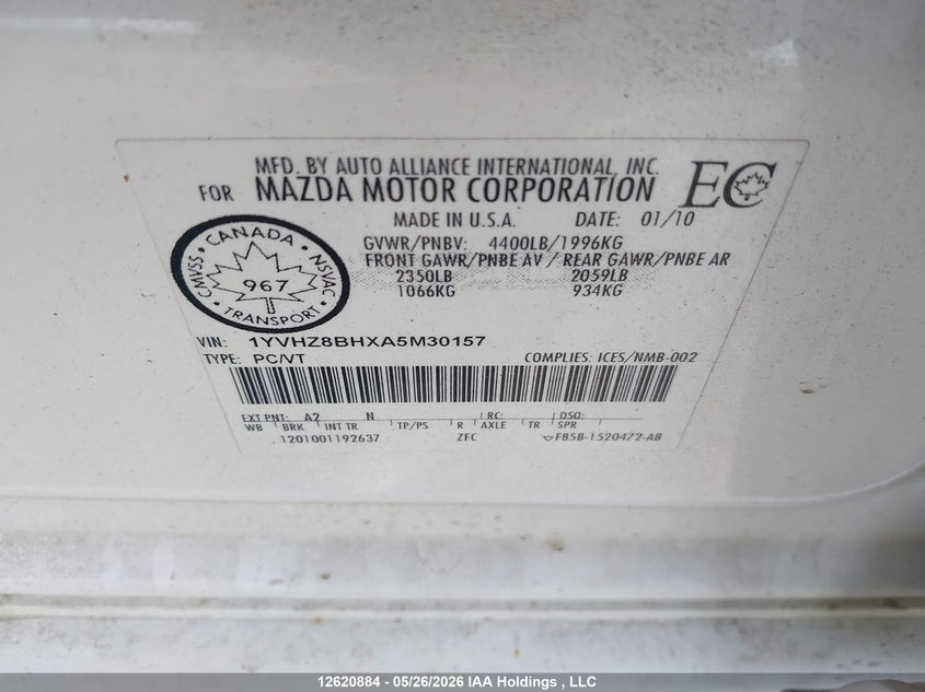2010 Mazda Mazda6 Gs-I4 VIN: 1YVHZ8BHXA5M30157 Lot: 12620884