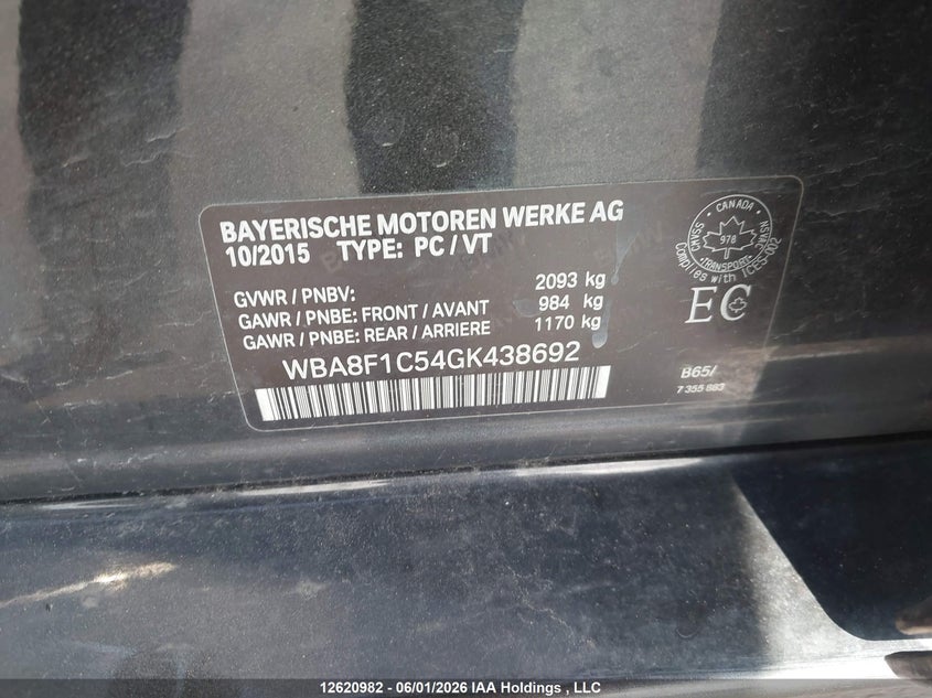 2016 BMW 328D xDrive VIN: WBA8F1C54GK438692 Lot: 12620982