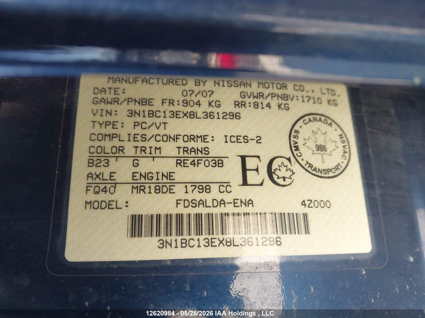 2008 Nissan Versa 1.8S VIN: 3N1BC13EX8L361296 Lot: 12620984