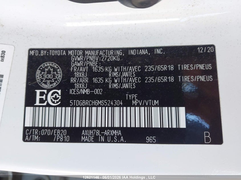 2021 Toyota Highlander Hybrid Xle VIN: 5TDGBRCH6MS524304 Lot: 12621146