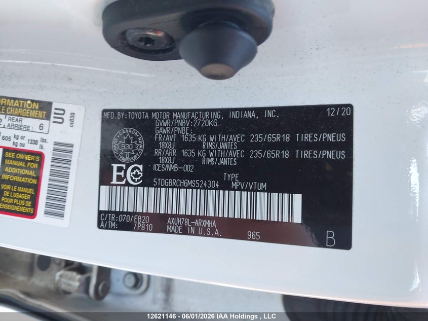2021 Toyota Highlander Hybrid Xle VIN: 5TDGBRCH6MS524304 Lot: 12621146