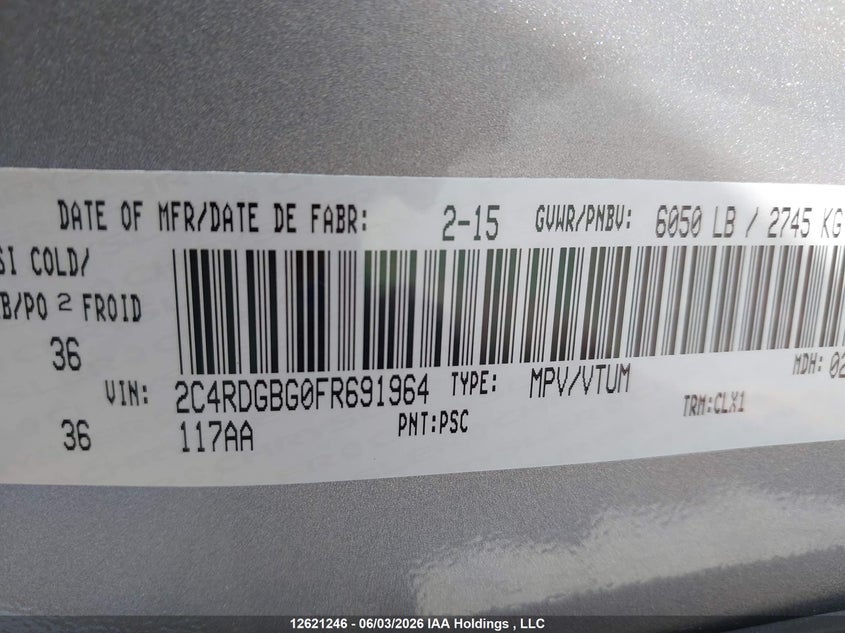 2015 Dodge Caravan 3.6 Se/sxt Silver Lot 111012621246 Vin 2C4RDGBG0FR691964