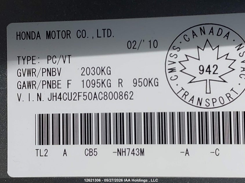 2010 Acura Tsx VIN: JH4CU2F50AC800862 Lot: 12621306