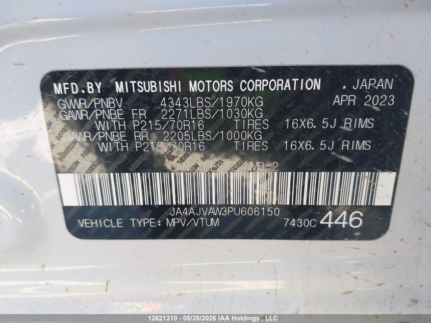 2023 Mitsubishi Rvr Se/Sel/Le/Gt VIN: JA4AJVAW3PU606150 Lot: 12621310
