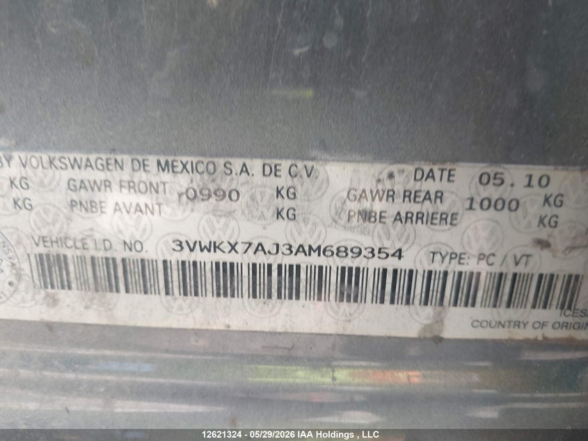 2010 Volkswagen Golf 2.5L Comfortline/2.5L Trendline VIN: 3VWKX7AJ3AM689354 Lot: 12621324