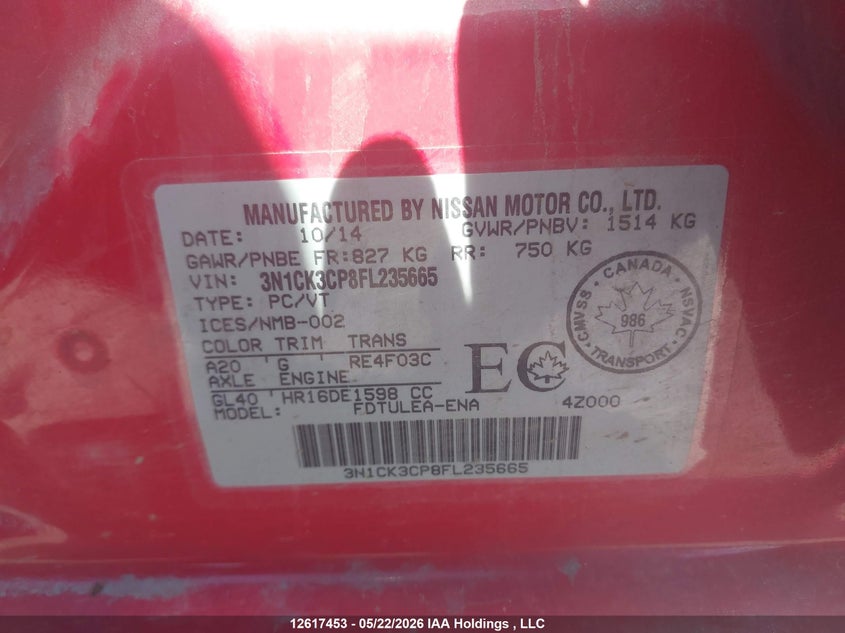2015 Nissan Micra S/Sr/Sv VIN: 3N1CK3CP8FL235665 Lot: 12617453X