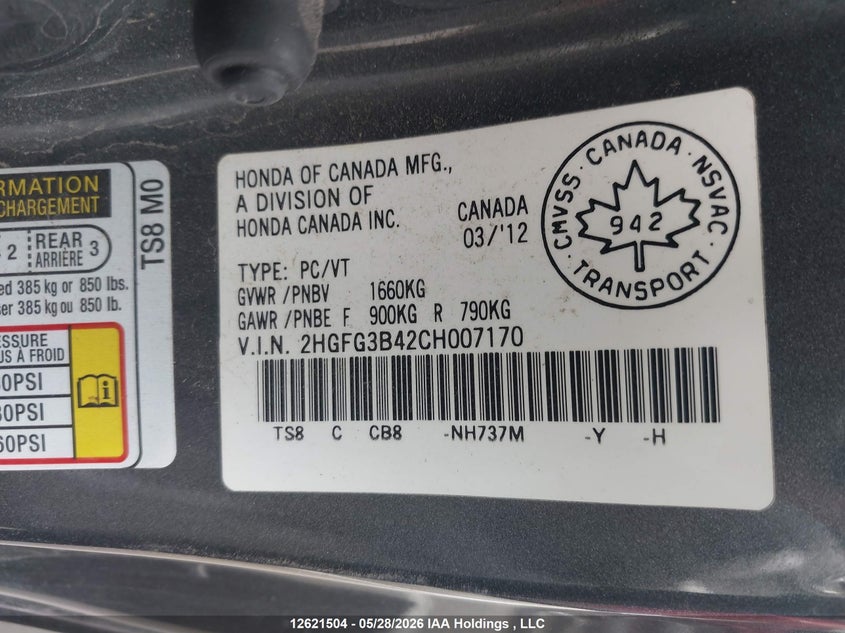 2012 Honda Civic Lx VIN: 2HGFG3B42CH007170 Lot: 12621504