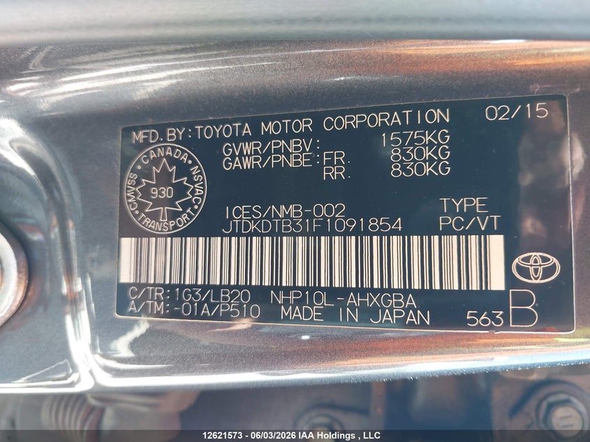 2015 Toyota Prius C Technology VIN: JTDKDTB31F1091854 Lot: 12621573