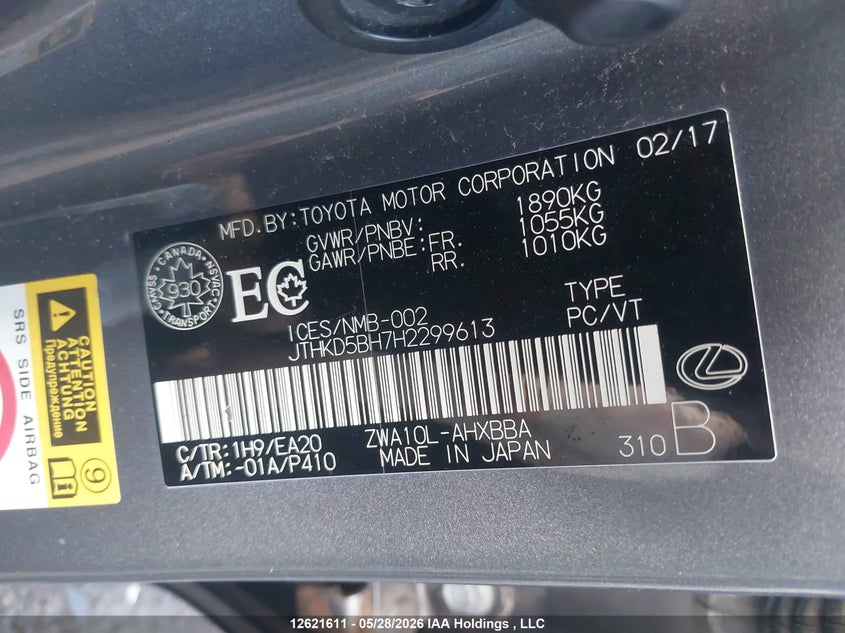 2017 Lexus Ct 200H VIN: JTHKD5BH7H2299613 Lot: 12621611
