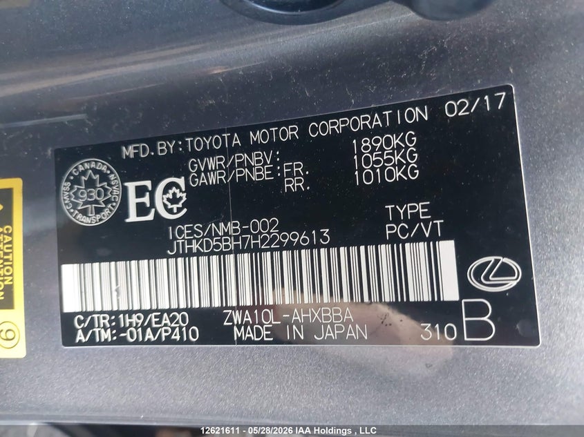 2017 Lexus Ct 200H VIN: JTHKD5BH7H2299613 Lot: 12621611