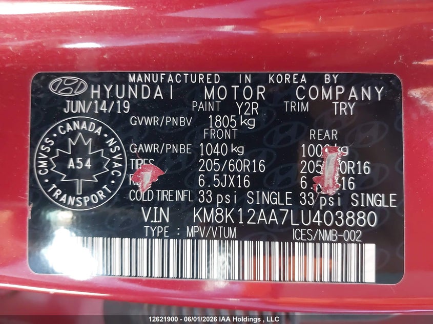 2020 Hyundai Kona Essential VIN: KM8K12AA7LU403880 Lot: 12621900