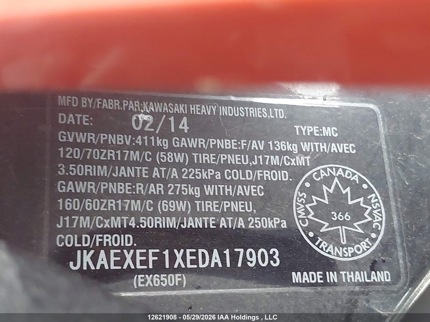 2014 Kawasaki Ex650 F VIN: JKAEXEF1XEDA17903 Lot: 12621908