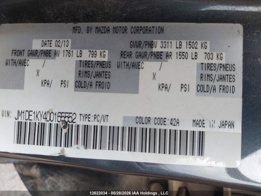 2013 Mazda Mazda2 VIN: JM1DE1KY4D0165552 Lot: 12622034