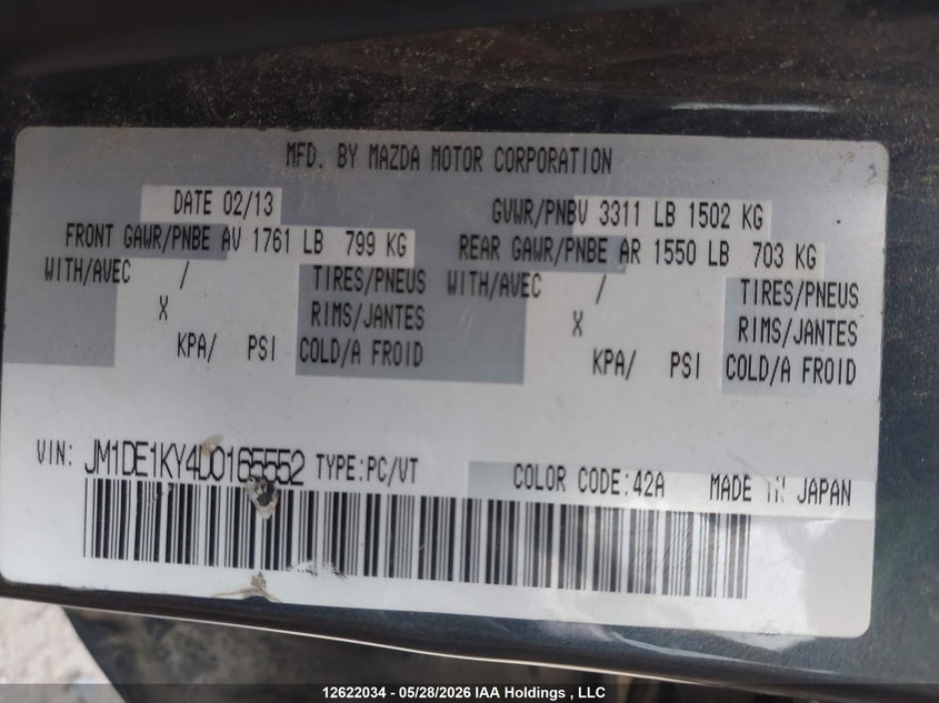 2013 Mazda Mazda2 VIN: JM1DE1KY4D0165552 Lot: 12622034