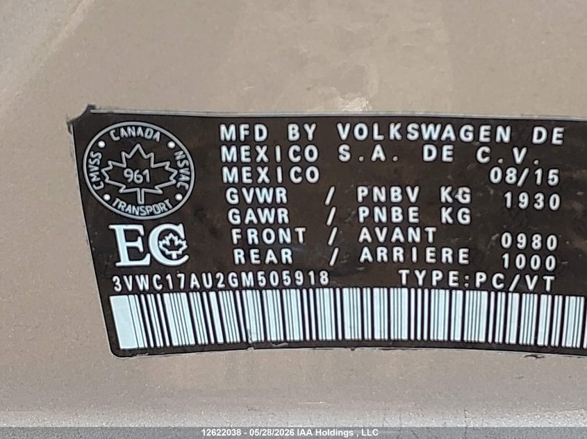 2016 Volkswagen Golf Sportwagen S/Se/Sel/Limited VIN: 3VWC17AU2GM505918 Lot: 12622038