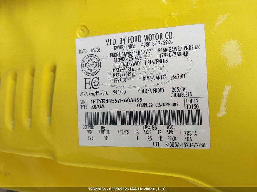 2007 Ford Ranger Sport/Stx/Xl/Xlt VIN: 1FTYR44E57PA03435 Lot: 12622054