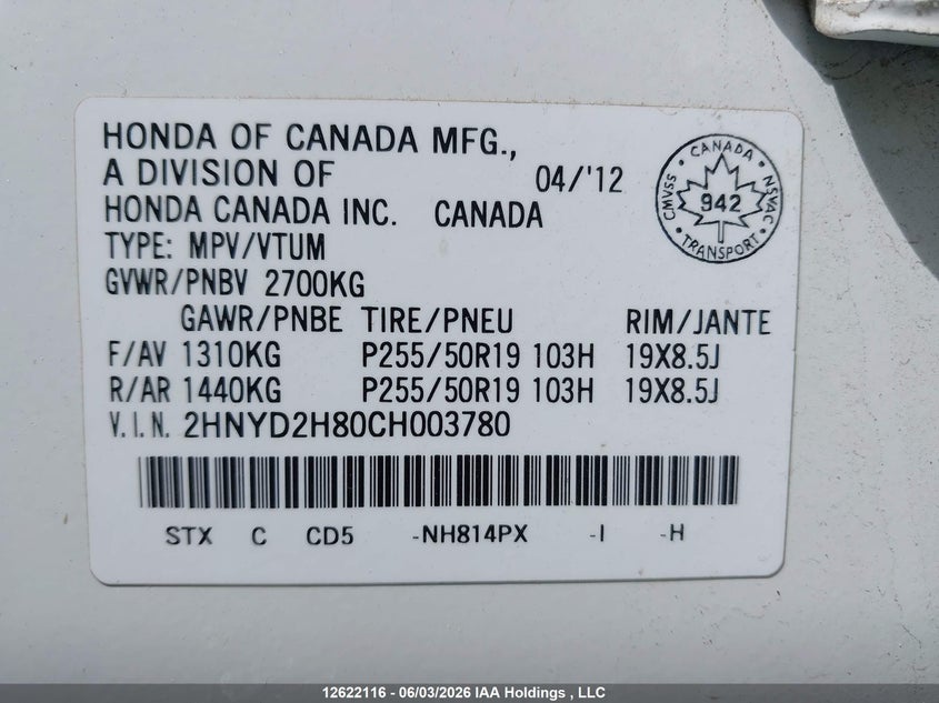 2012 Acura Mdx Elite Package VIN: 2HNYD2H80CH003780 Lot: 12622116