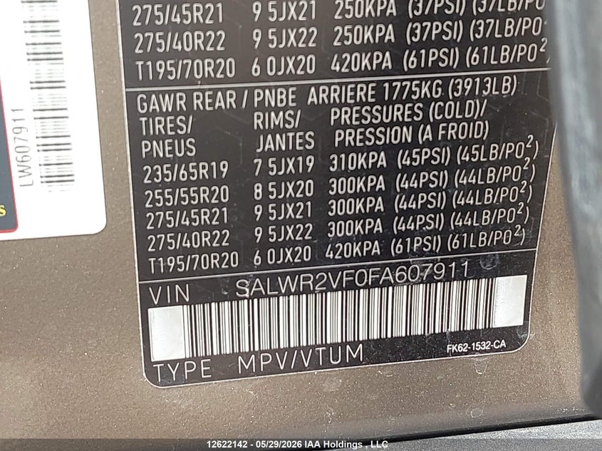 2015 Land Rover Range Rover Sport Sc VIN: SALWR2VF0FA607911 Lot: 12622142