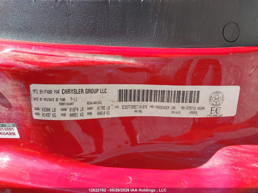 2012 Fiat 500 Lounge VIN: 3C3CFFCR9CT141878 Lot: 12622162
