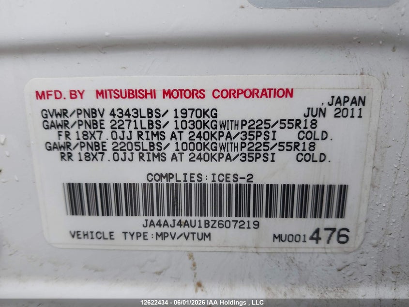 2011 Mitsubishi Rvr Gt VIN: JA4AJ4AU1BZ607219 Lot: 12622434