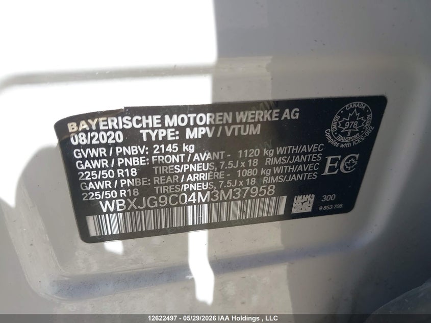 2021 BMW X1 xDrive28I/xDrive28I Essential VIN: WBXJG9C04M3M37958 Lot: 12622497