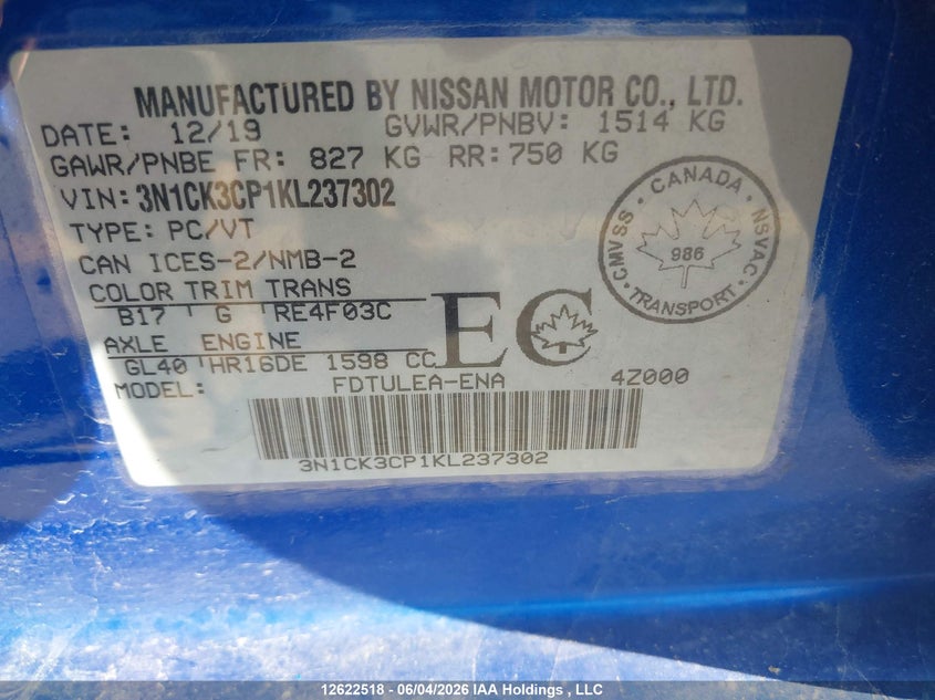 2019 Nissan Micra S/Sr/Sv VIN: 3N1CK3CP1KL237302 Lot: 12622518