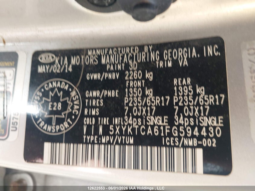 2015 Kia Sorento VIN: 5XYKTCA61FG594430 Lot: 12622553