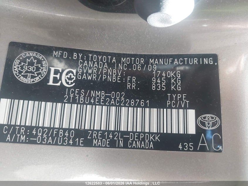 2010 TOYOTA COROLLA SEDAN 1.8L I-4 DOHC, VVT, 132HP