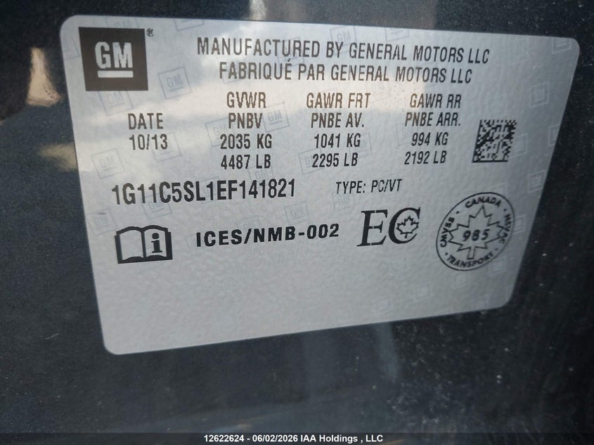 2014 Chevrolet Malibu 1Lt VIN: 1G11C5SL1EF141821 Lot: 12622624