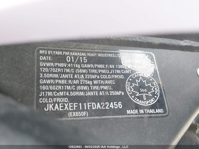 2015 Kawasaki Ex650 F VIN: JKAEXEF11FDA22456 Lot: 12622663
