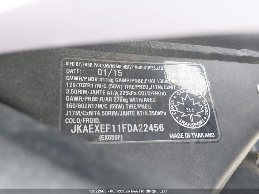 2015 Kawasaki Ex650 F VIN: JKAEXEF11FDA22456 Lot: 12622663