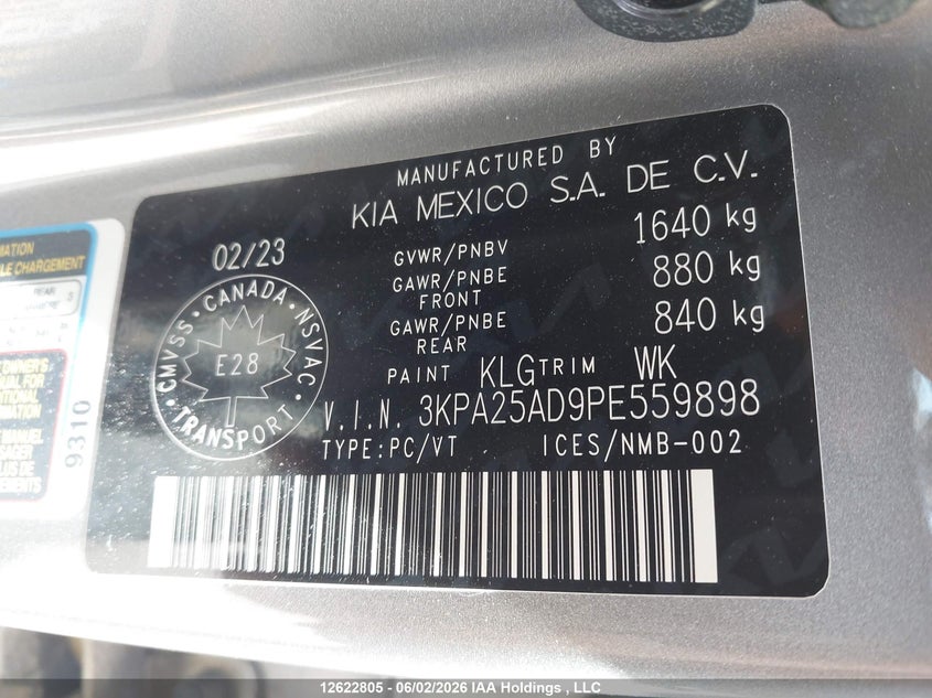 2023 Kia Rio Lx Premium/Lx+ VIN: 3KPA25AD9PE559898 Lot: 12622805