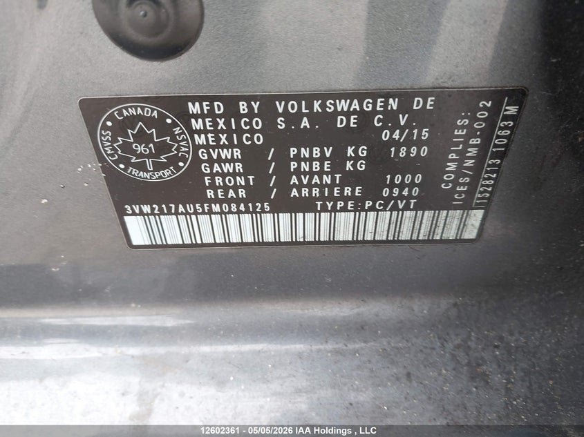 2015 Volkswagen Golf 1.8 Tsi Comfortline/1.8 Tsi Highline/1.8 Tsi Trendline VIN: 3VW217AU5FM084125 Lot: 12602361X