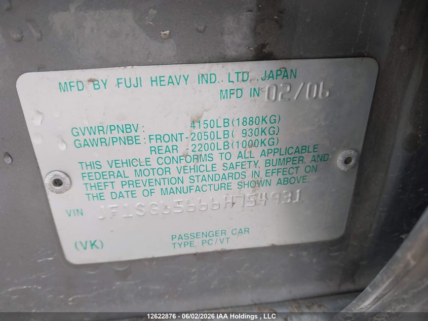 2006 Subaru Forester 2.5X Premium VIN: JF1SG65666H754931 Lot: 12622876