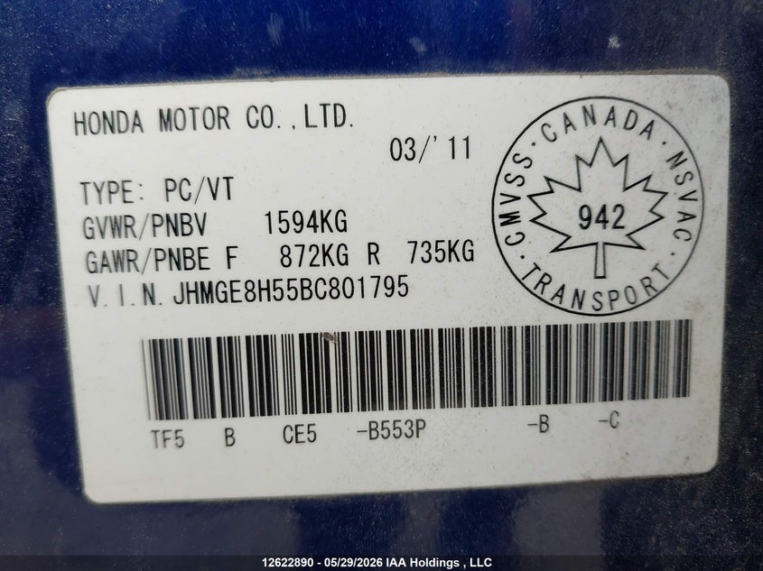 2011 Honda Fit Lx VIN: JHMGE8H55BC801795 Lot: 12622890