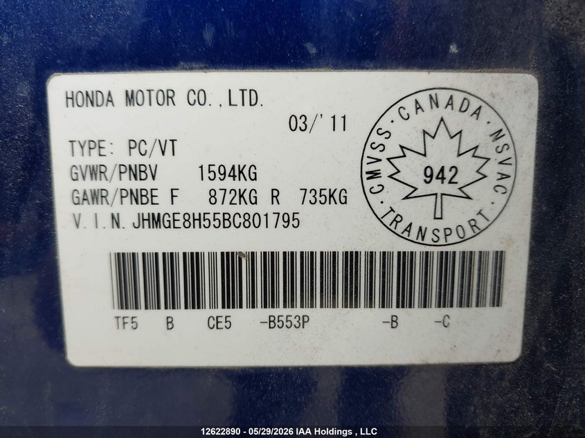 2011 Honda Fit Lx VIN: JHMGE8H55BC801795 Lot: 12622890