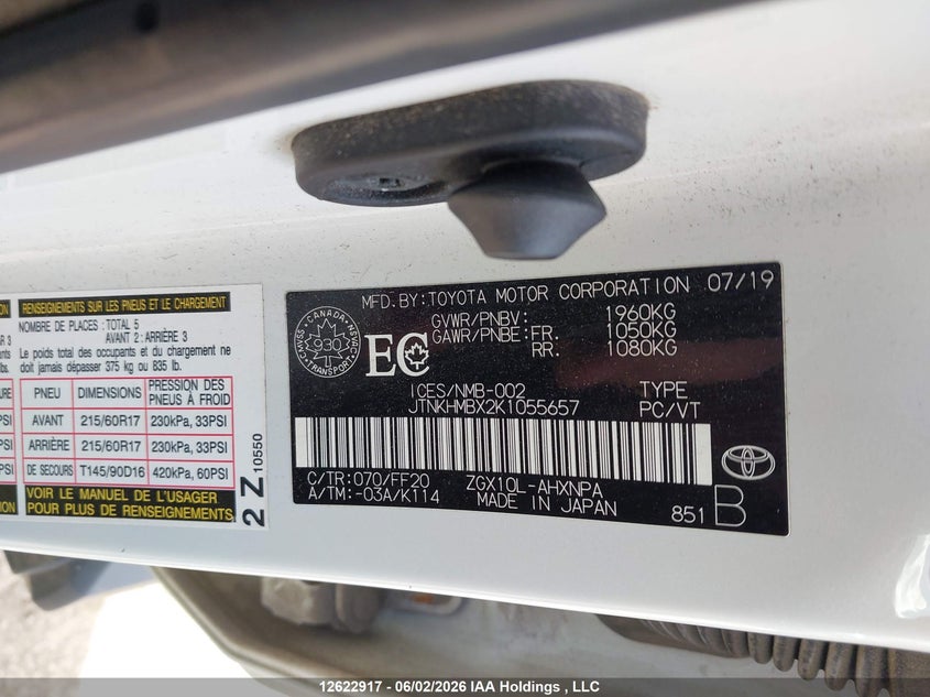 2019 Toyota C-Hr VIN: JTNKHMBX2K1055657 Lot: 12622917
