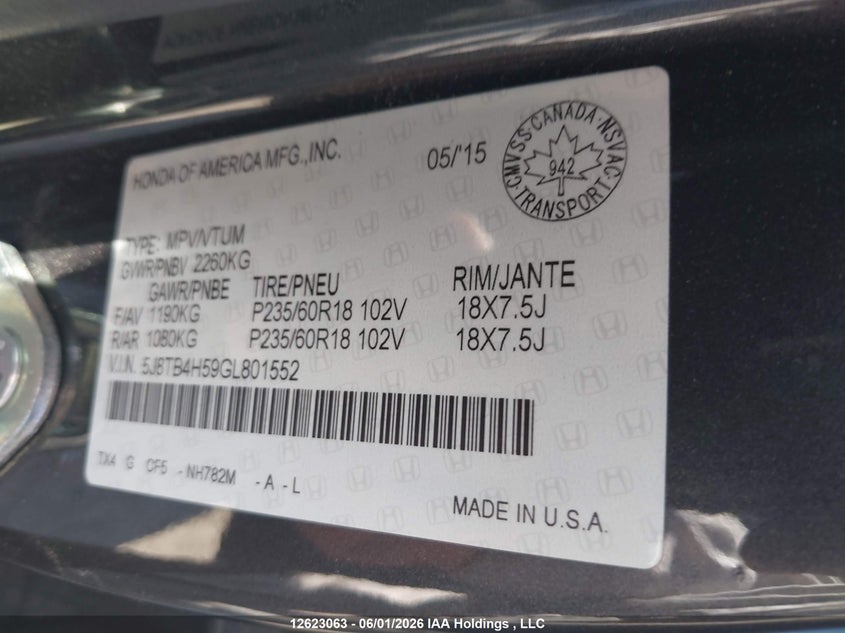 2016 Acura Rdx Tech Package VIN: 5J8TB4H59GL801552 Lot: 12623063