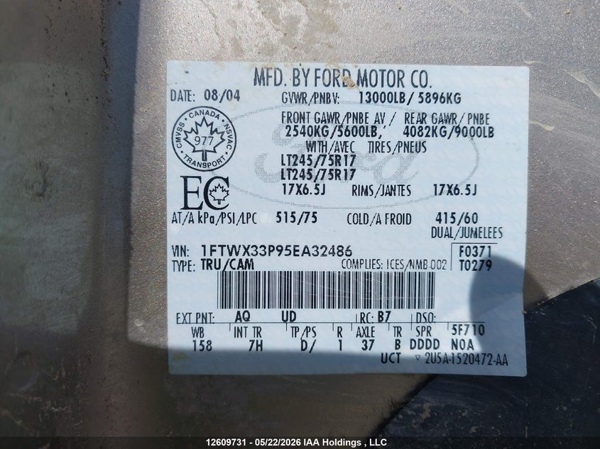 2005 Ford F-350 Lariat/Xl/Xlt VIN: 1FTWX33P95EA32486 Lot: 12609731x
