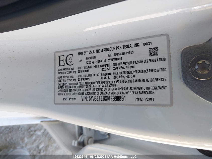 2021 Tesla Model 3 Long Range VIN: 5YJ3E1EBXMF998891 Lot: 12623349