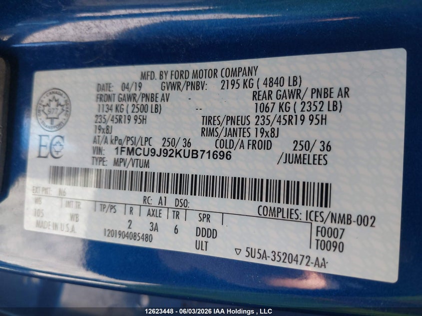 2019 Ford Escape Titanium VIN: 1FMCU9J92KUB71696 Lot: 12623448