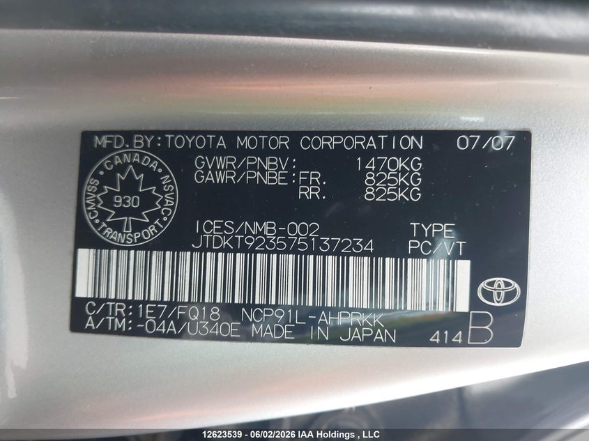 2007 Toyota Yaris Le/Rs VIN: JTDKT923575137234 Lot: 12623539