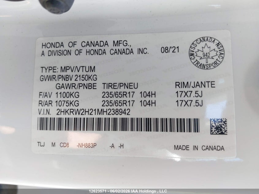 2021 Honda Cr-V Lx VIN: 2HKRW2H21MH238942 Lot: 12623571