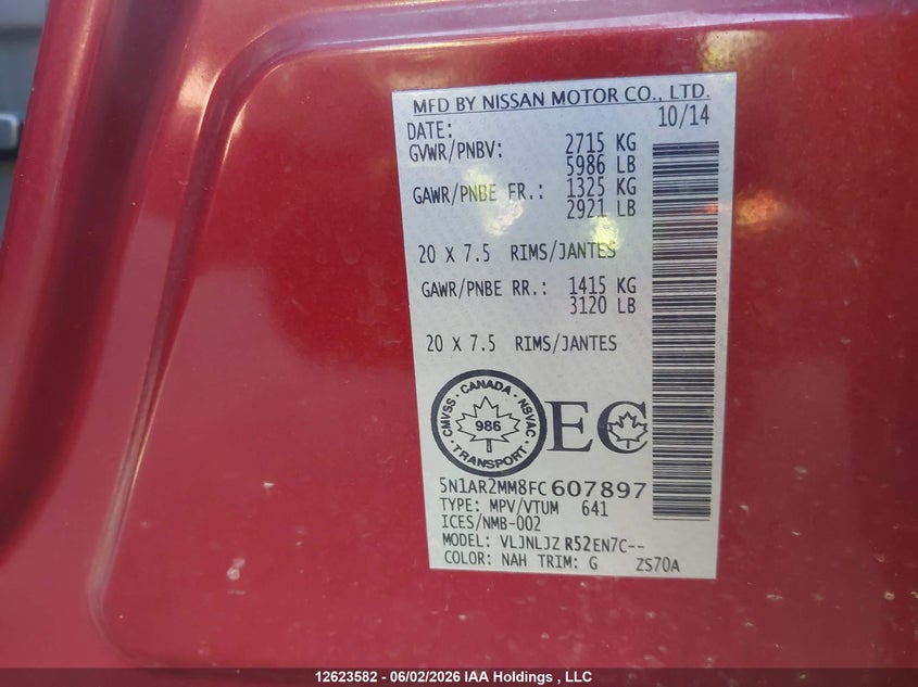 2015 Nissan Pathfinder Platinum/S/Sl/Sv VIN: 5N1AR2MM8FC607897 Lot: 12623582